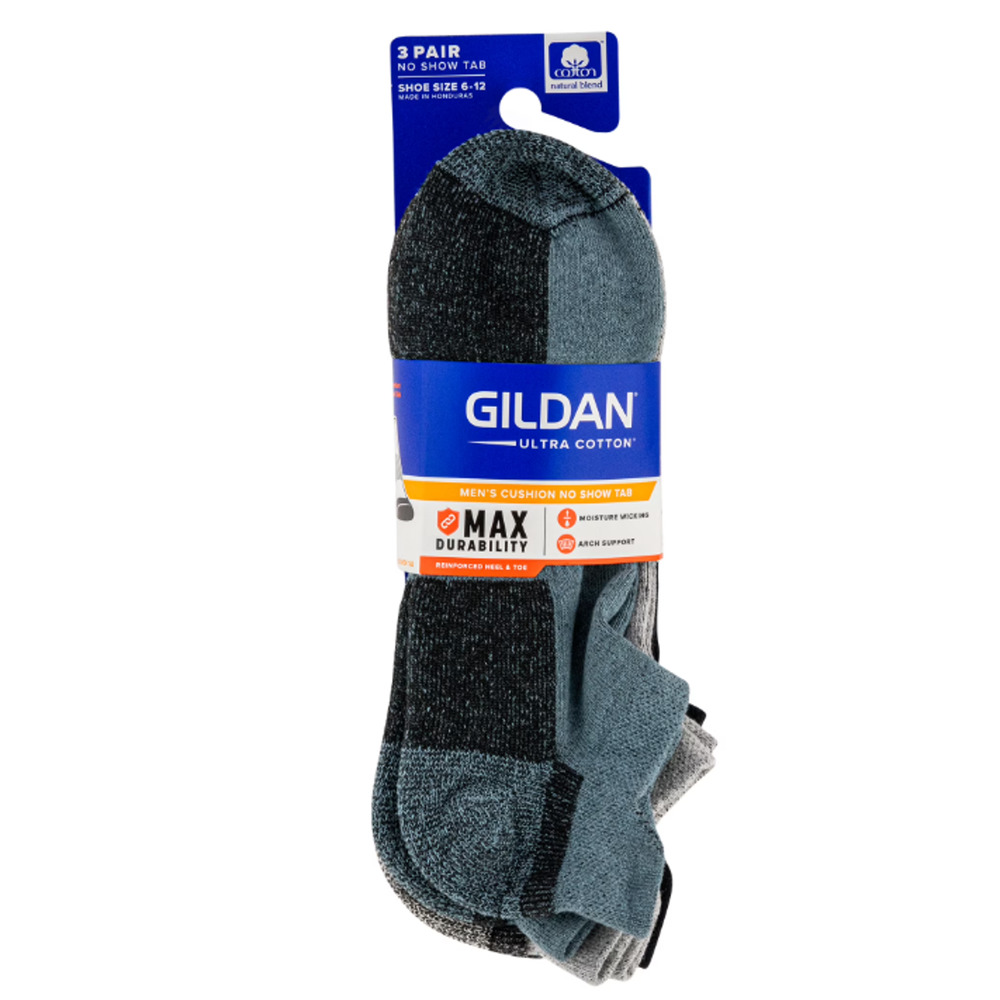 Gildan Men's Ultra Cotton No Show Tab Socks 3 Pack Ice Blue, Grey Heather, Black